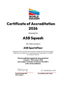 Certyfikat WSF World Squash Federation dla ASB Podłoga do squasha